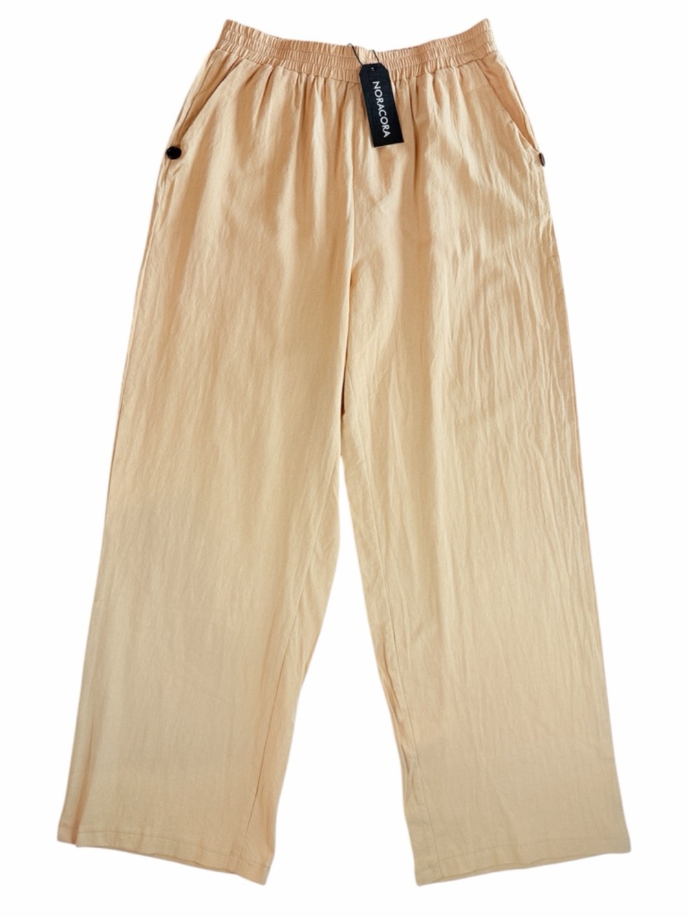 NORACORA Linen Look Cotton Wide Leg Pants NWT Tan Beige Elastic Waist Size Large
